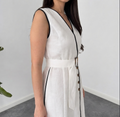 Faminside Ivory Elegance Contrast Trim Belted Maxi Dress