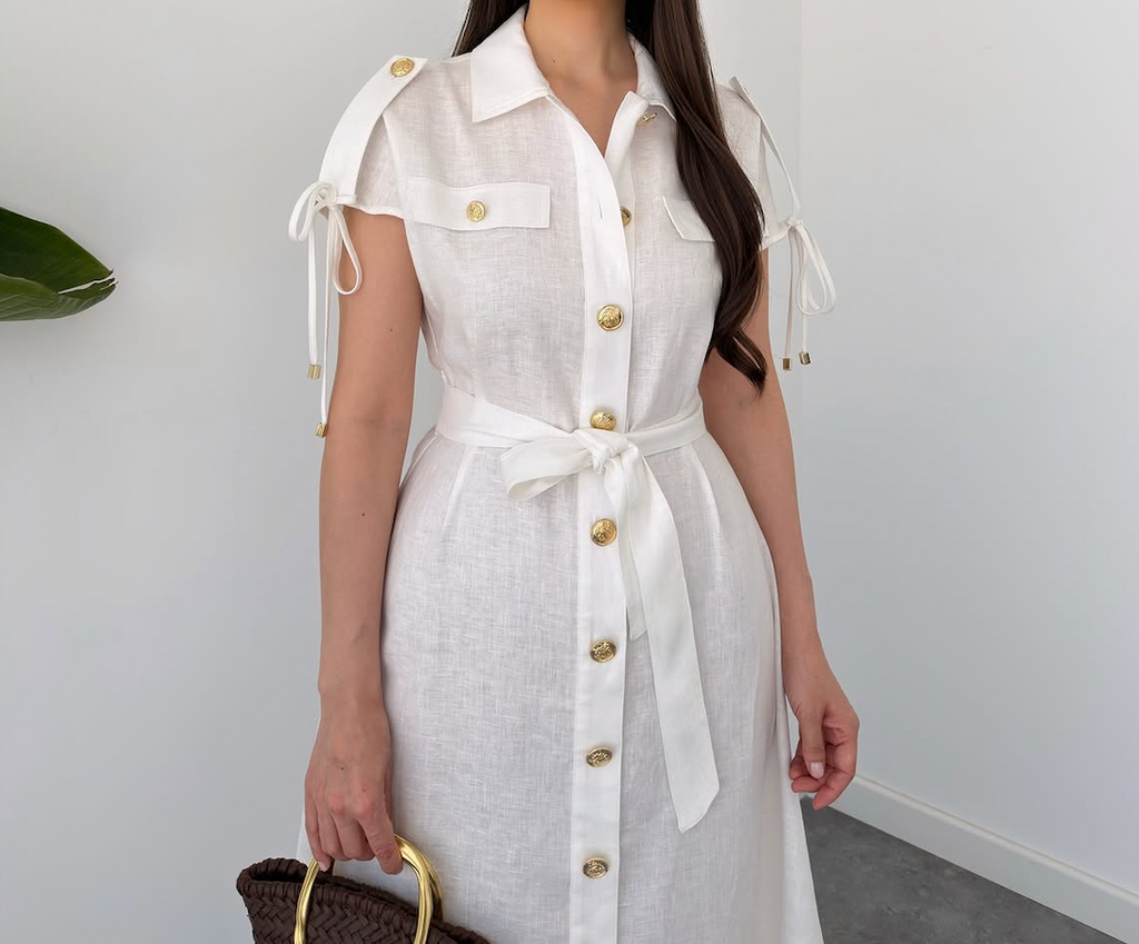 Faminside Élodie White Linen Blend Button-Down Maxi Dress