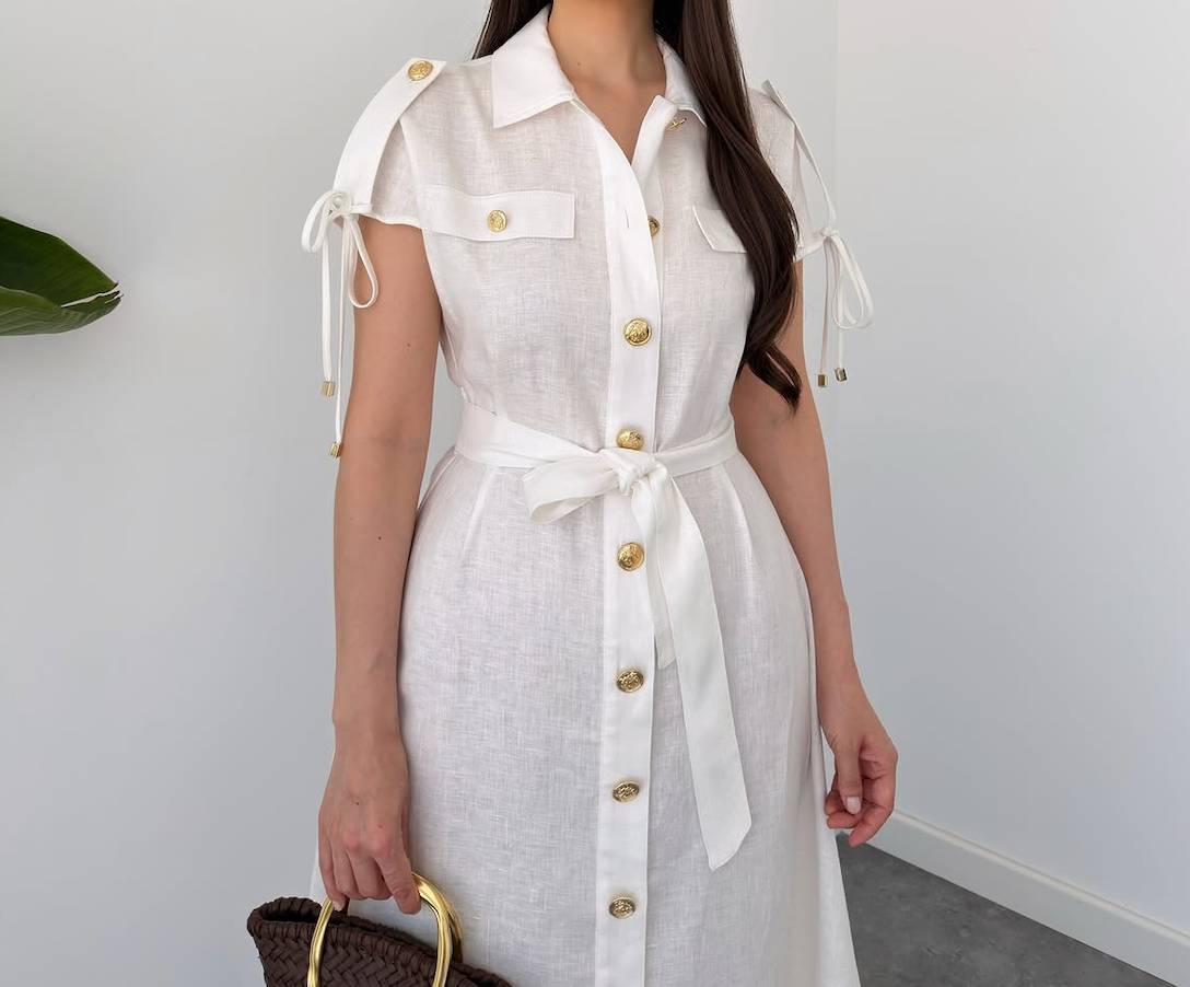 Faminside Élodie White Linen Blend Button-Down Maxi Dress