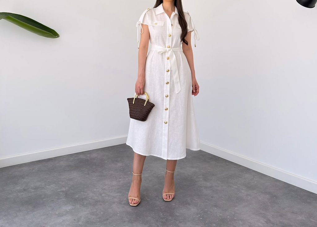 Faminside Élodie White Linen Blend Button-Down Maxi Dress