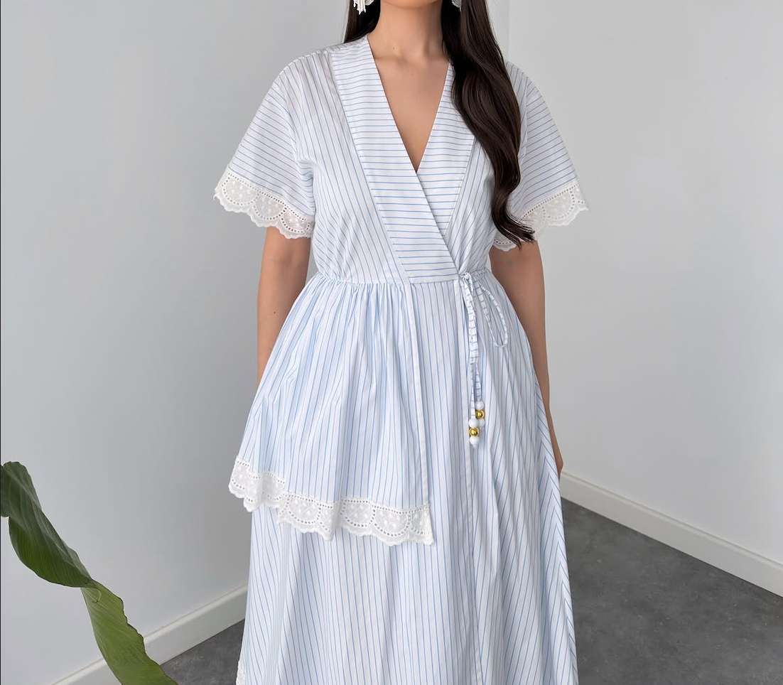 Faminside Celeste Sky Blue Striped Wrap Maxi Dress