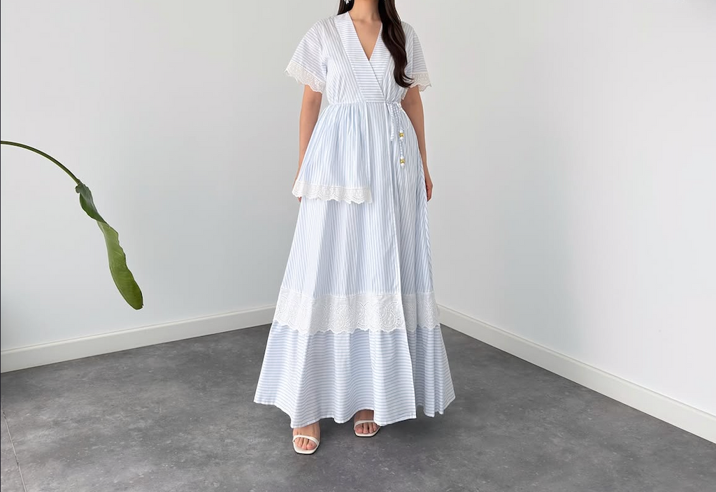 Faminside Celeste Sky Blue Striped Wrap Maxi Dress