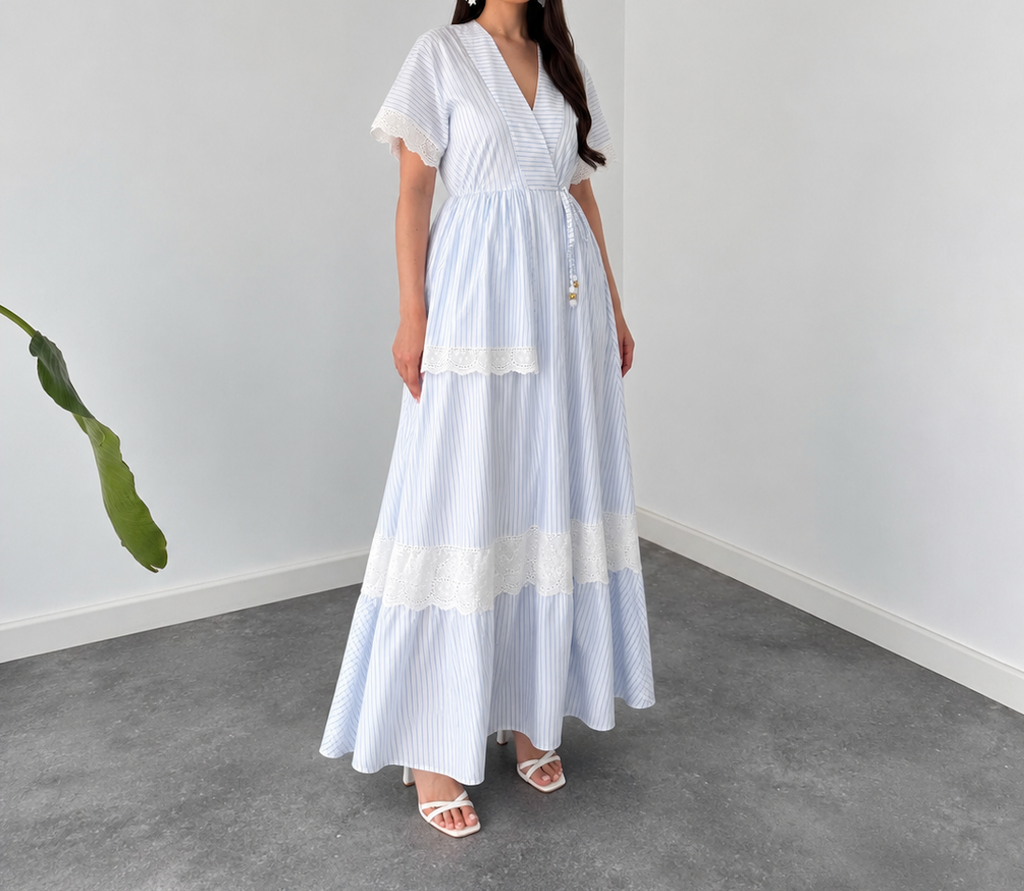 Faminside Celeste Sky Blue Striped Wrap Maxi Dress