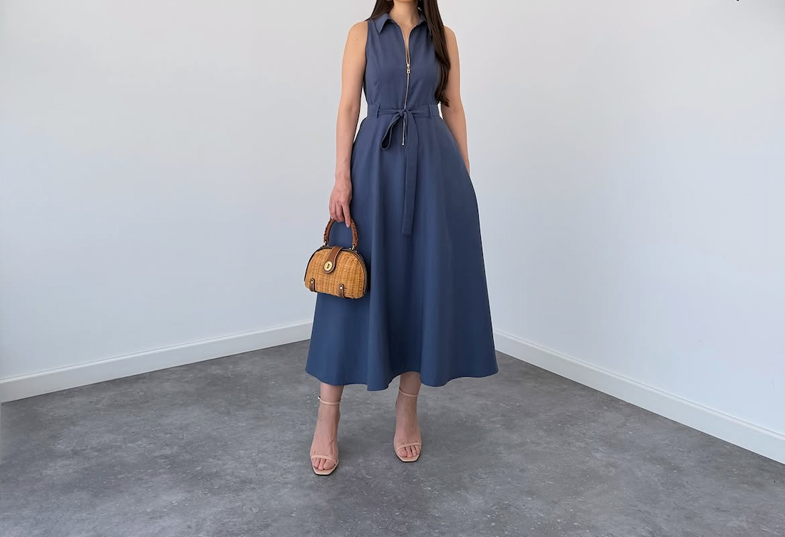 Blue Sleeveless Zip-Front Belted Maxi Dress | Elegant A-Line Casual Dress