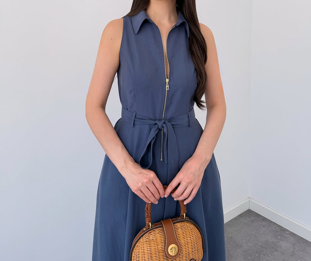 Blue Sleeveless Zip-Front Belted Maxi Dress | Elegant A-Line Casual Dress