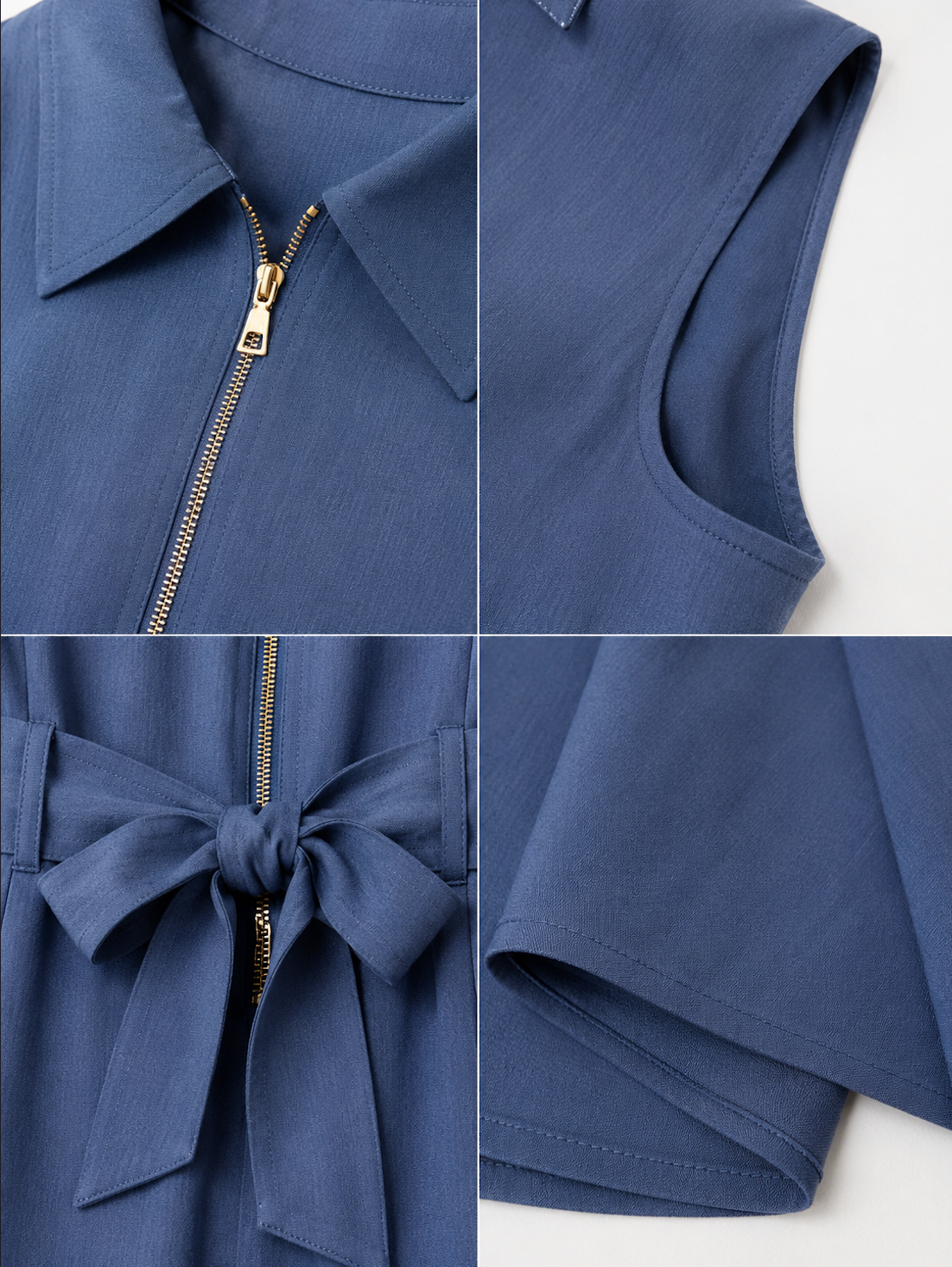 Blue Sleeveless Zip-Front Belted Maxi Dress | Elegant A-Line Casual Dress