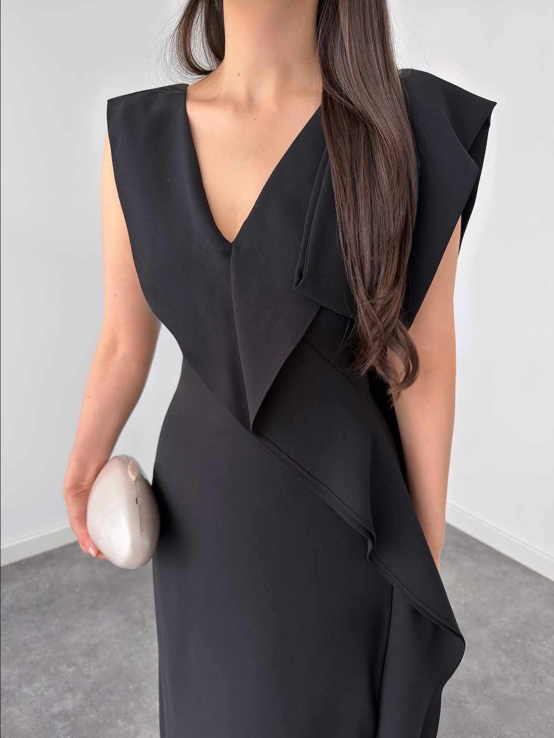 Elegant Black Ruffle Maxi Dress for Women | Sleeveless V-Neck Evening & Party Gown