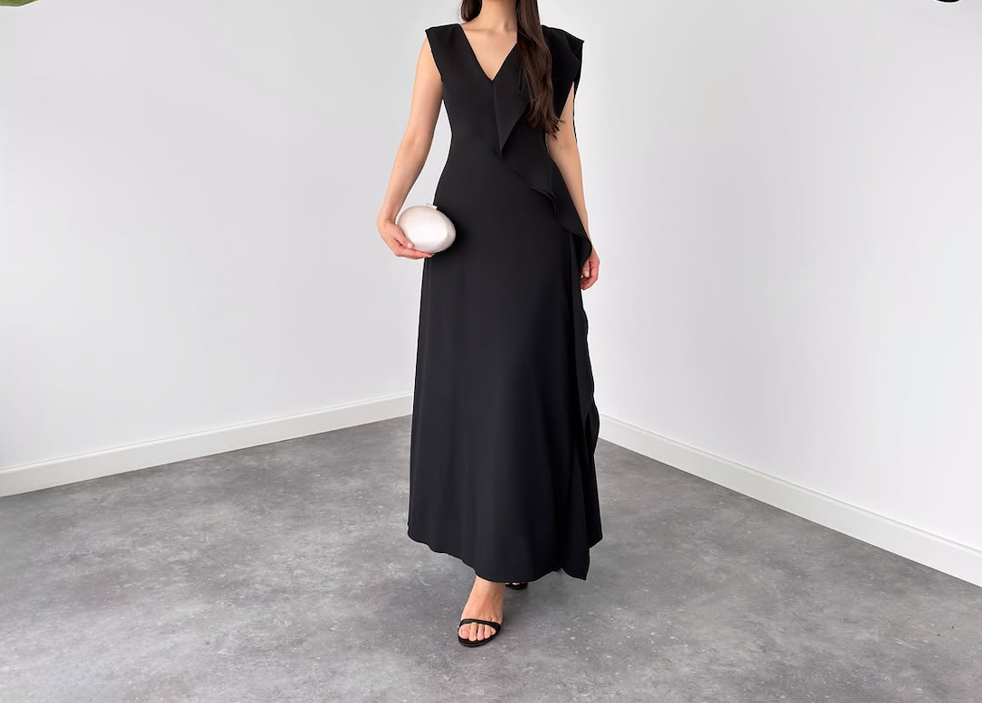 Elegant Black Ruffle Maxi Dress for Women | Sleeveless V-Neck Evening & Party Gown