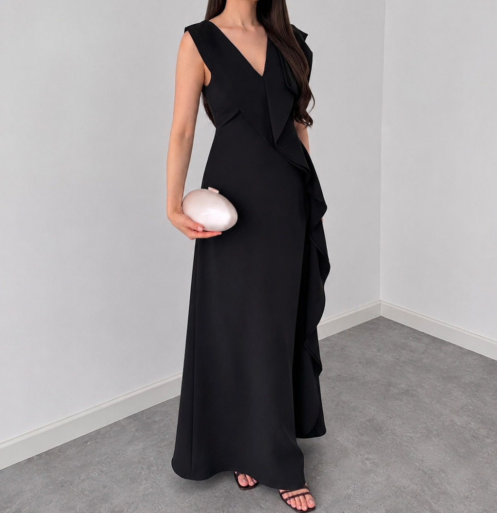 Elegant Black Ruffle Maxi Dress for Women | Sleeveless V-Neck Evening & Party Gown