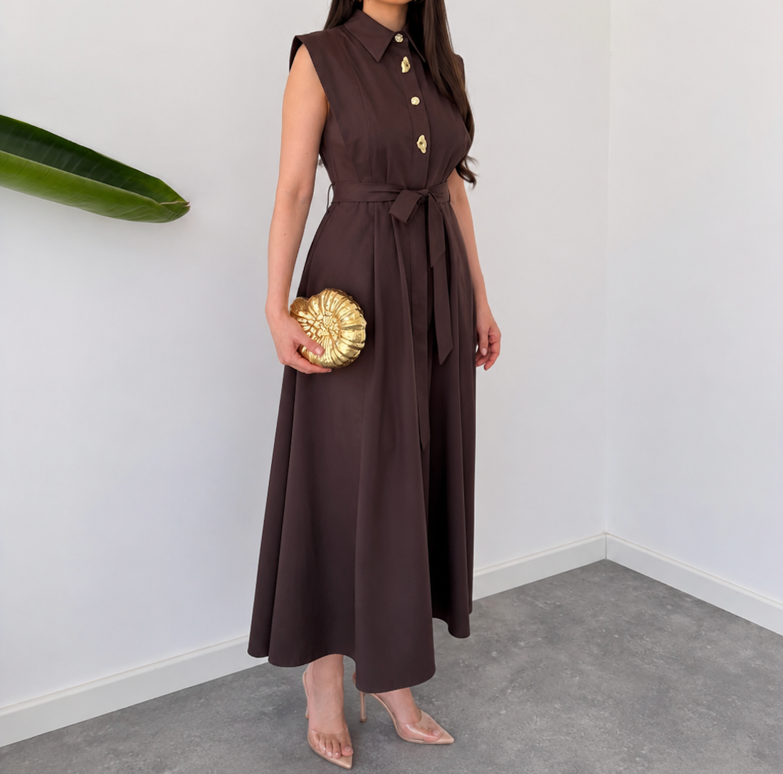 Luna Luxe Sleeveless Belted Maxi Dress – Chocolate Brown