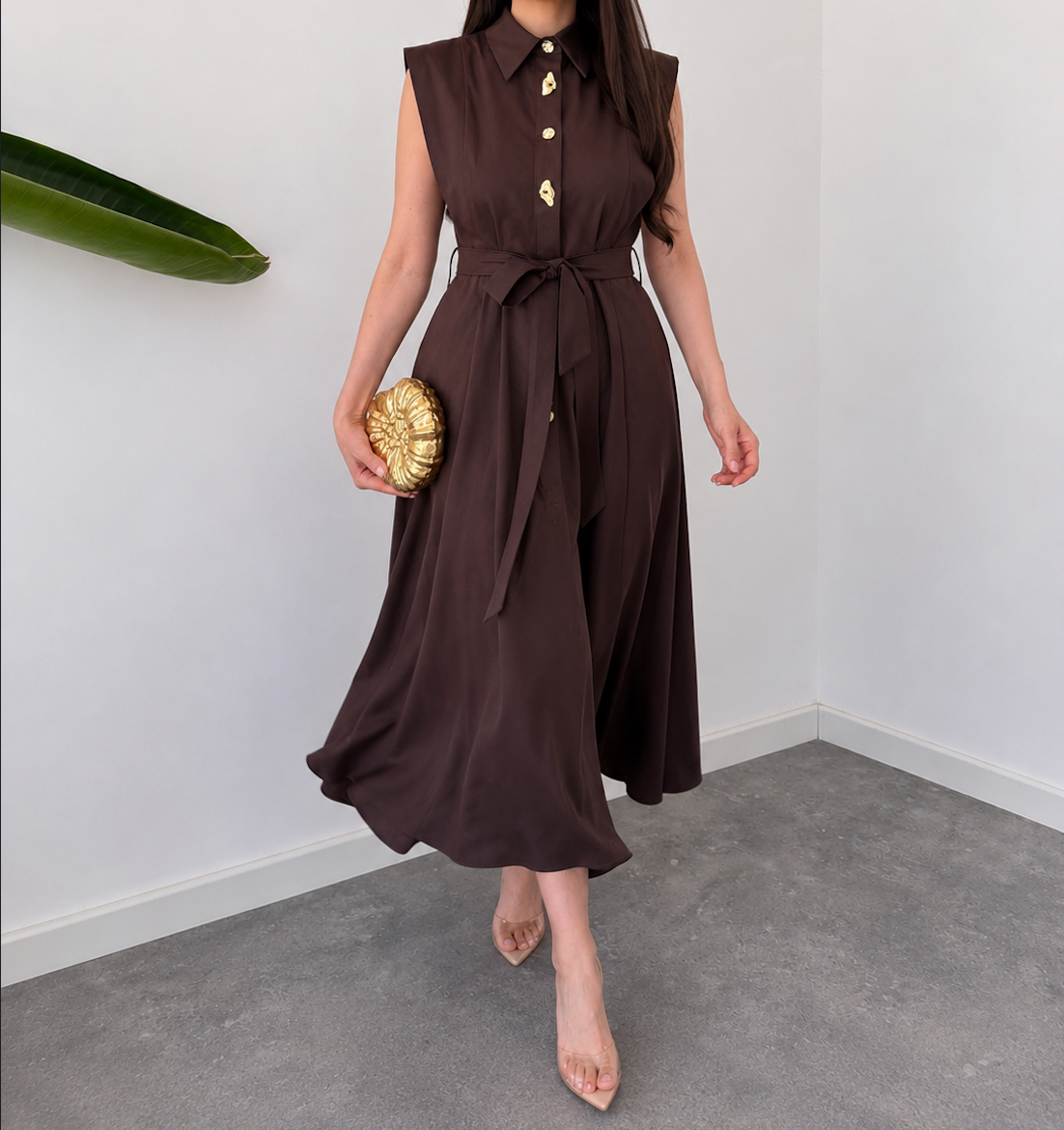 Luna Luxe Sleeveless Belted Maxi Dress – Chocolate Brown