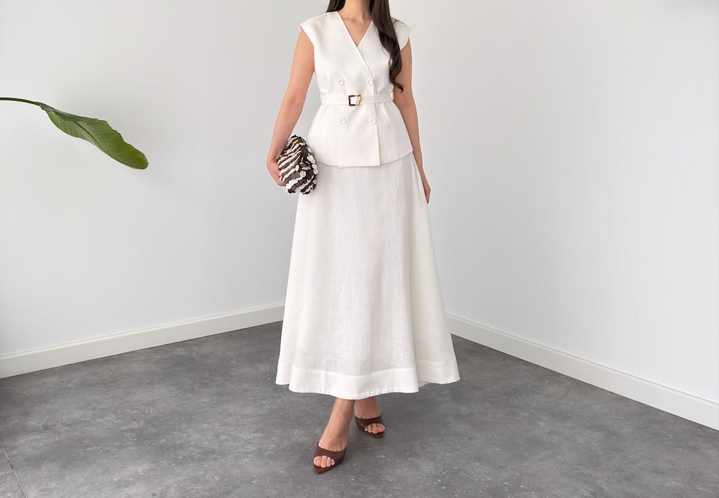 Faminside White Linen-Blend Belted Co-Ord Outfit for Women