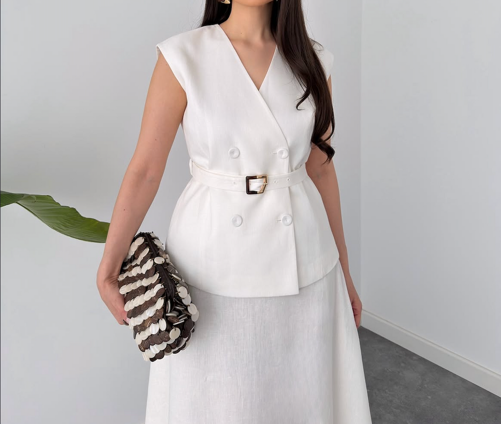 Faminside White Linen-Blend Belted Co-Ord Outfit for Women