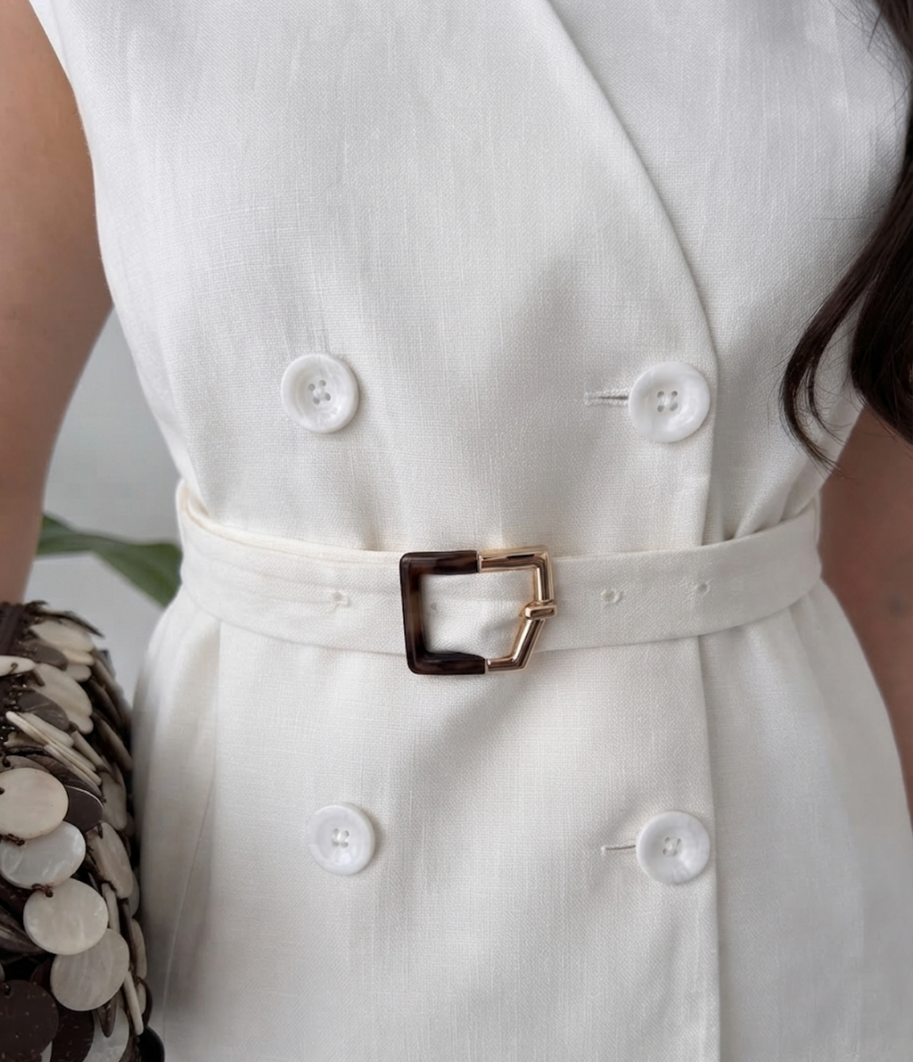 Faminside White Linen-Blend Belted Co-Ord Outfit for Women