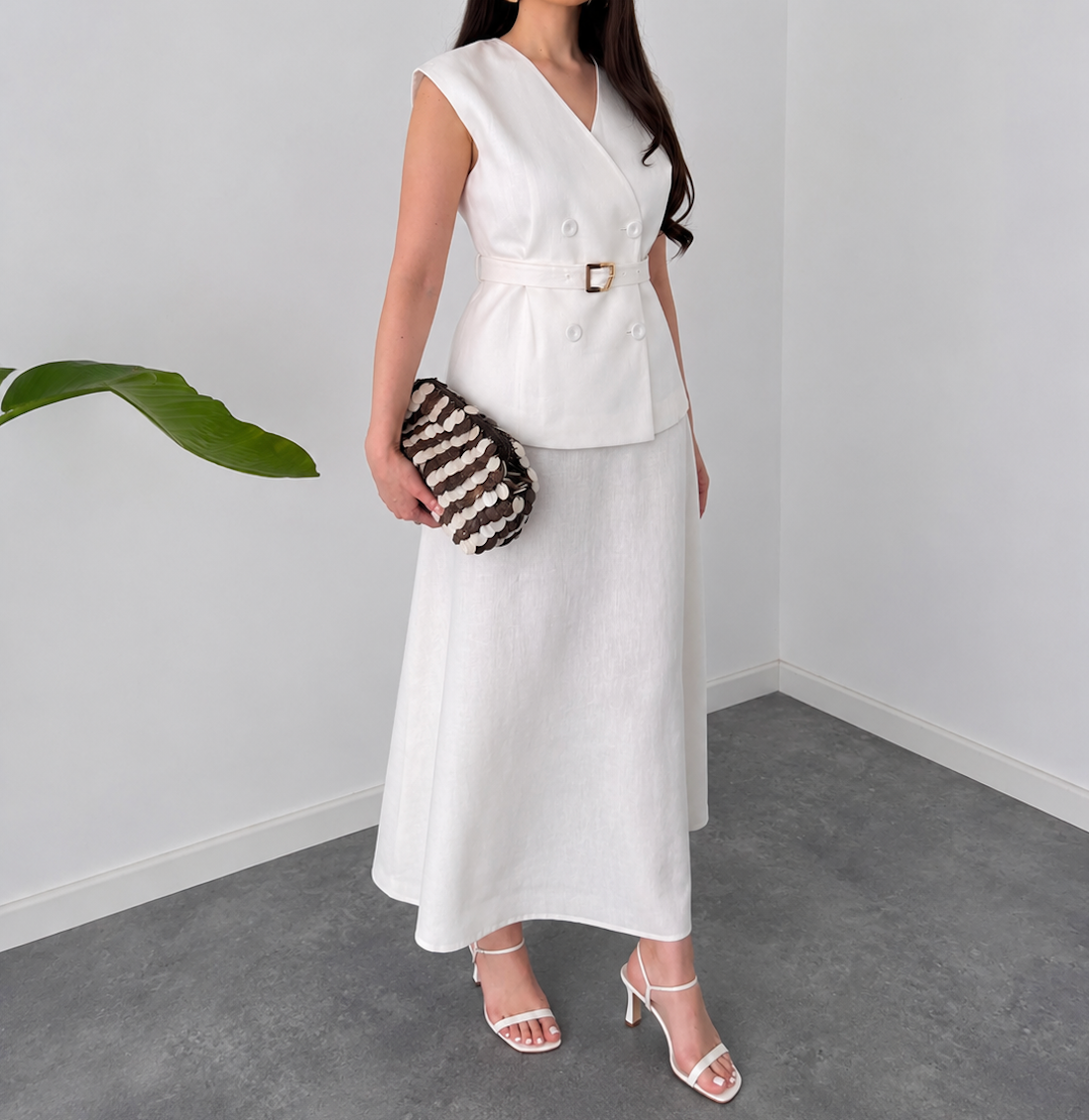 Faminside White Linen-Blend Belted Co-Ord Outfit for Women