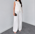 Elegant White Linen Co-Ord Set | Sleeveless Embroidered Vest & Wide-Leg Pants - By Faminside