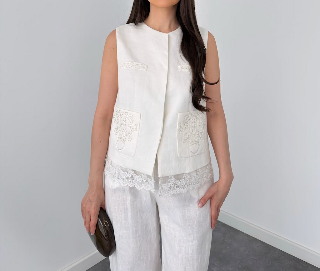Elegant White Linen Co-Ord Set | Sleeveless Embroidered Vest & Wide-Leg Pants - By Faminside