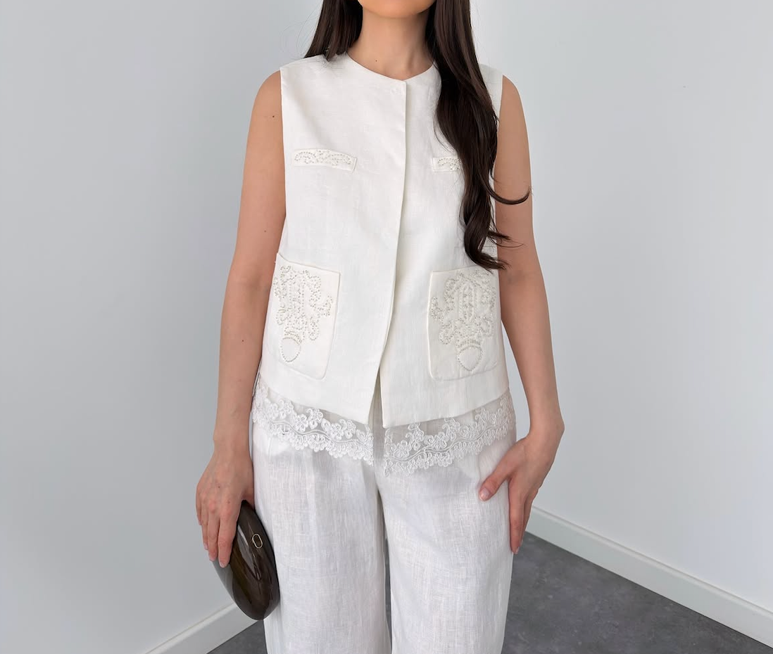 Elegant White Linen Co-Ord Set | Sleeveless Embroidered Vest & Wide-Leg Pants - By Faminside