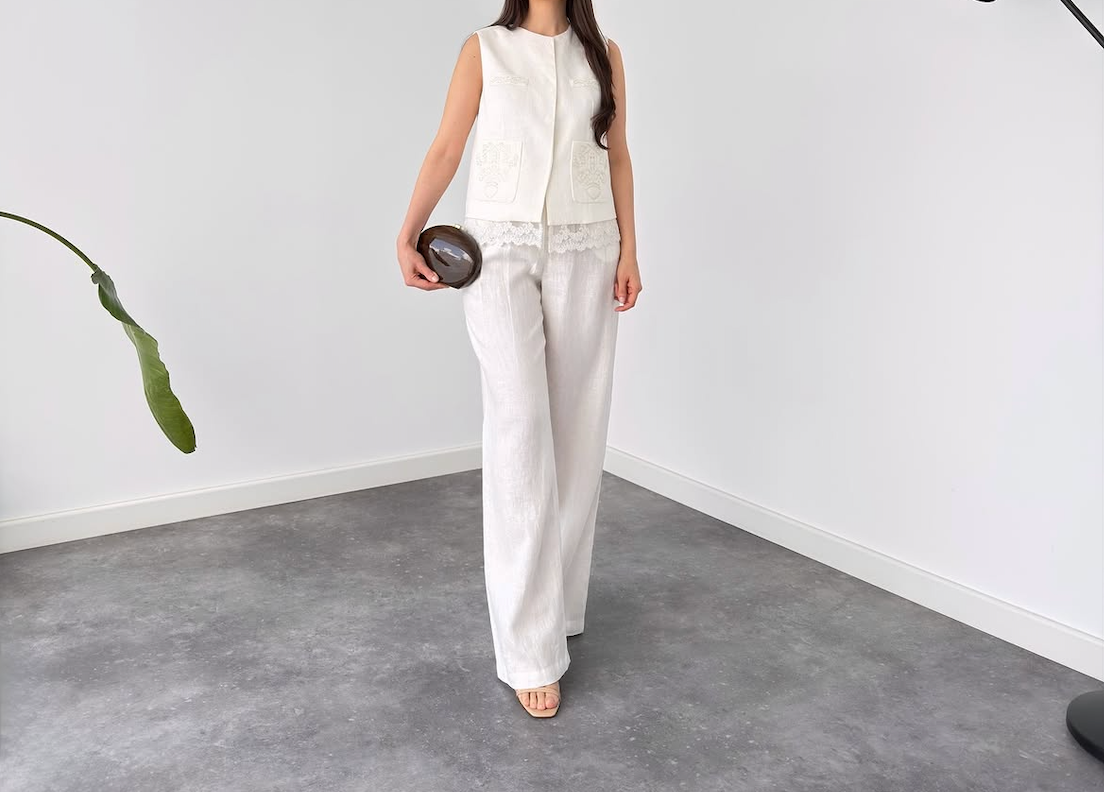 Elegant White Linen Co-Ord Set | Sleeveless Embroidered Vest & Wide-Leg Pants - By Faminside