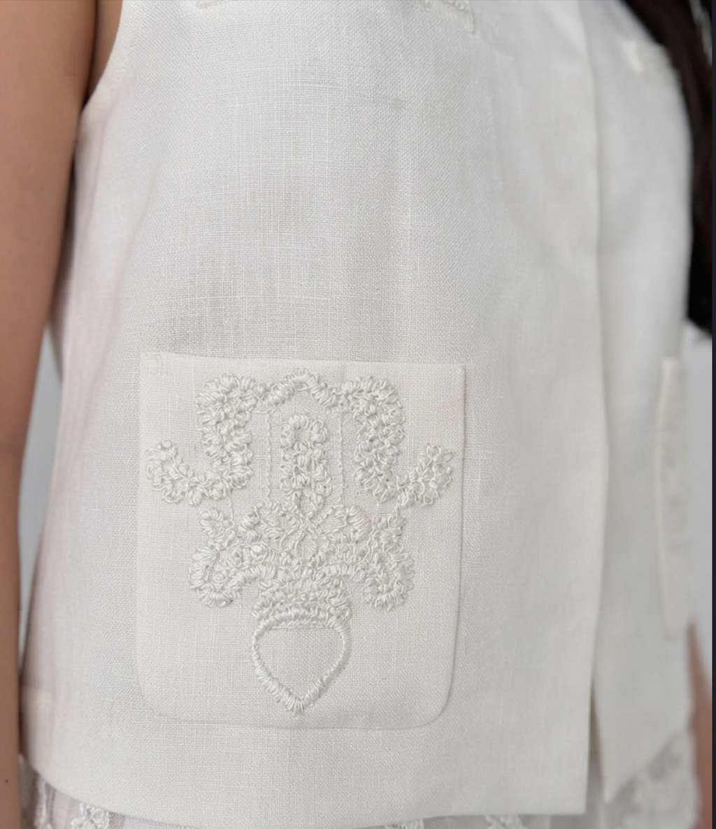 Elegant White Linen Co-Ord Set | Sleeveless Embroidered Vest & Wide-Leg Pants - By Faminside