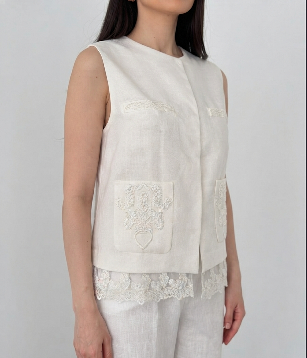 Elegant White Linen Co-Ord Set | Sleeveless Embroidered Vest & Wide-Leg Pants - By Faminside