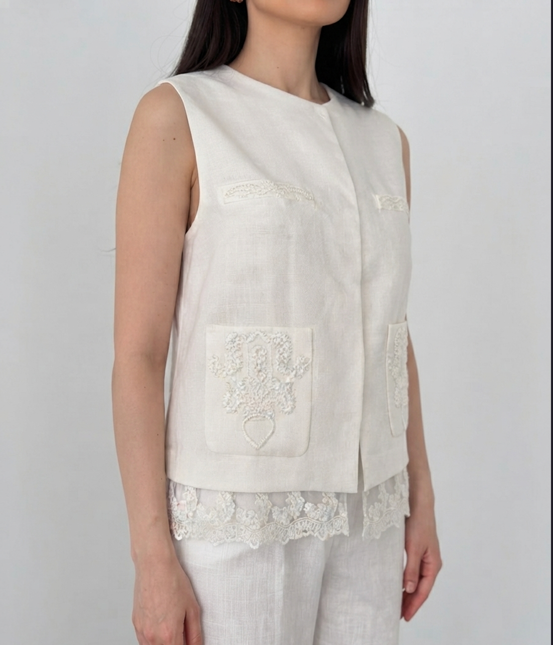 Elegant White Linen Co-Ord Set | Sleeveless Embroidered Vest & Wide-Leg Pants - By Faminside